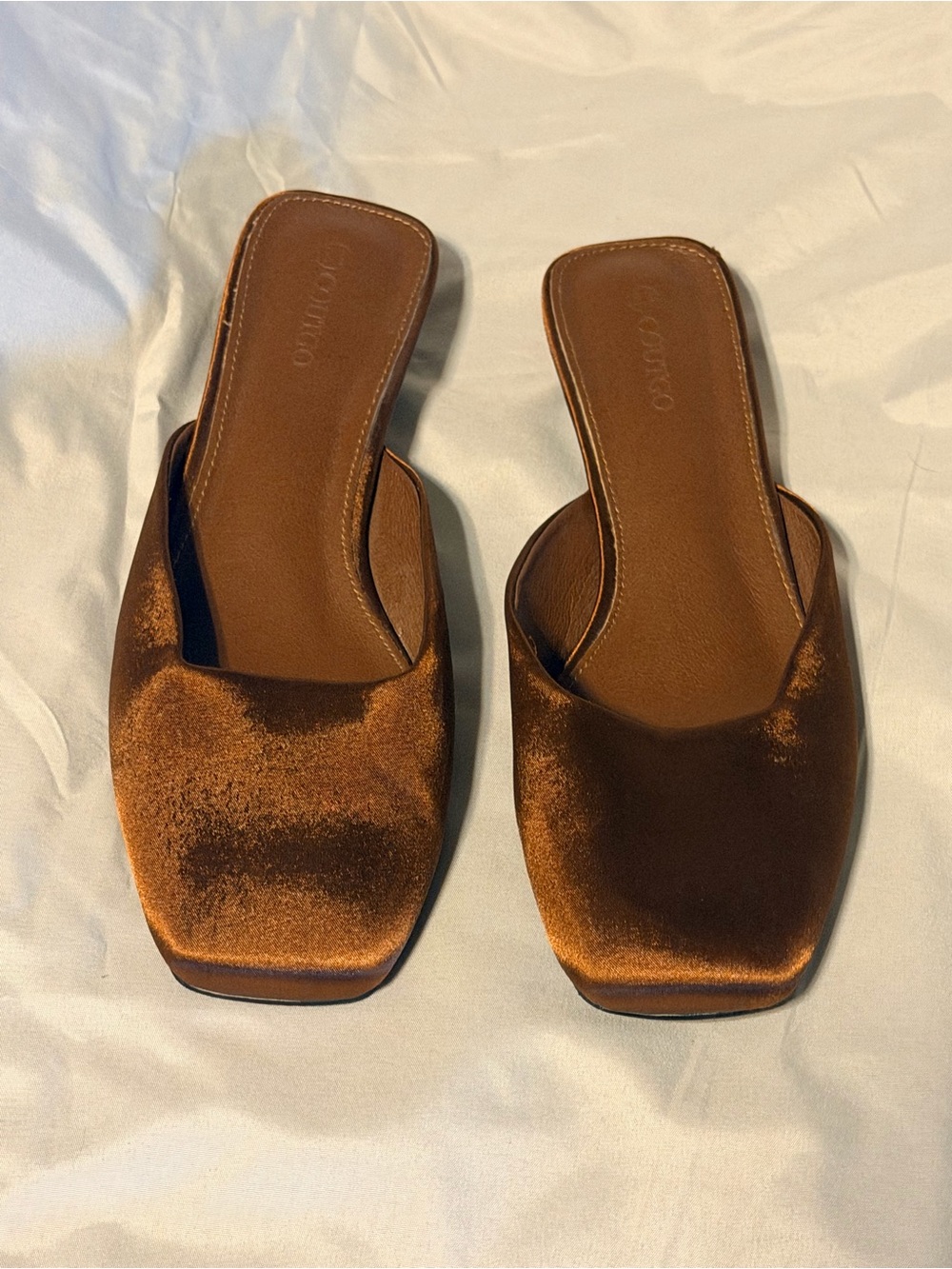 Vintage 90s Bronze Satin Square Toe Mule Heels Brown Minimalist Y2K 8.5